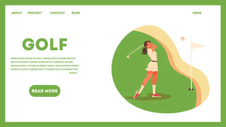 Web banner concept with a female golf player on green field. Woman holding a golf club and hitting the ball. Healthy outdoor lifestyle. Isolated illustrationのイラスト素材