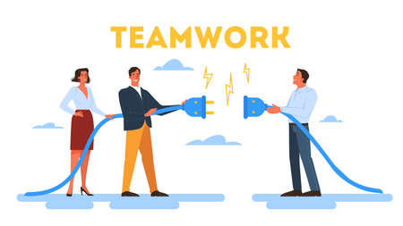 People work together in team. Strategy and business planning. Workers support each other. Teamwork concept. Isolated illustration in cartoon styleのイラスト素材