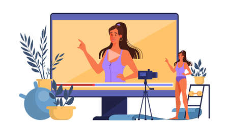 Blogger concept illustration. Fitness blogging, workout and broadcast online. Video channel, healthy lifestyle. Idea of social media and network. Vector illustration in cartoon styleのイラスト素材