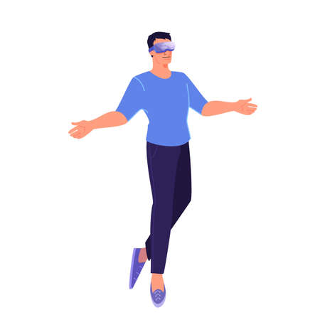Vector illustration of person using a glasses of virtual reality. Concept of vr technology for education and game simulation. Futuristic way of entertainment.のイラスト素材