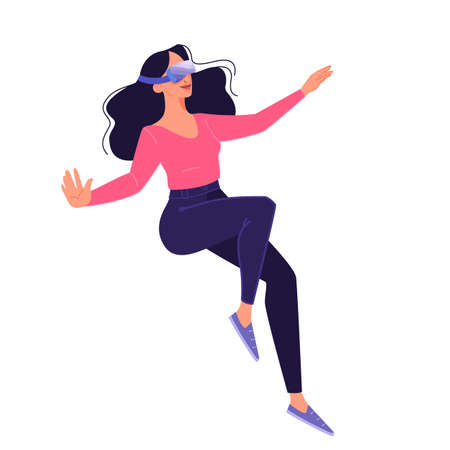 Vector illustration of person using a glasses of virtual reality. Concept of vr technology for education and game simulation. Futuristic way of entertainment.のイラスト素材