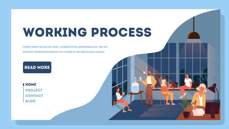 Coworking space. Business people work in team. Workers sitting at the desk. Idea of communication and collaboration. Flat illustrationのイラスト素材