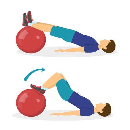 Exercise ball workout. Idea of body health and training in the gym. Healthy lifestyle. Workout with equipment. Isolated vector illustration in cartoon styleのイラスト素材