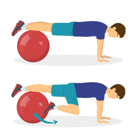 Exercise ball workout. Idea of body health and training in the gym. Healthy lifestyle. Workout with equipment. Isolated vector illustration in cartoon styleのイラスト素材