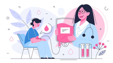 Blood donation concept. Give blood and save life, become donor. Idea of charity and help. Flat vector illustrationのイラスト素材