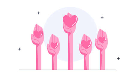 Flat vector illustration of hand holding a heart raised up. Concept of volunteering, becoming a donor. Group of people holding their hands up ready to helpのイラスト素材