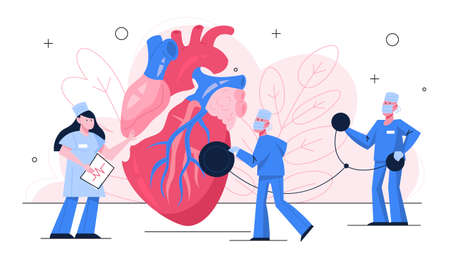 Heart checkup banner concept. Idea of health care and disease diagnosis. Doctor examine a heart with stethoscope. Cardiology specialist. Isolated vector illustration in flat styleのイラスト素材