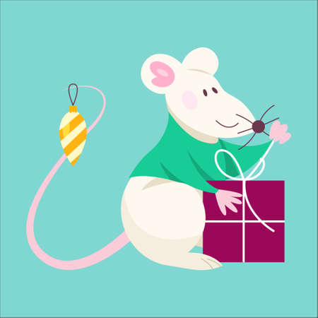 Cute Christmas rat. Animal character holding festive stuff. 2020 year symbol holding a box with present. Isolated vector illustration in flat styleのイラスト素材