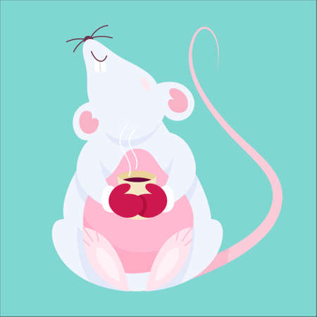 Cute Christmas rat. Animal character holding festive stuff. 2020 year symbol sitting and holding a big cup of cocoa in mittens. Isolated vector illustration in flat styleのイラスト素材