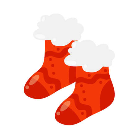 Vector holiday icon of two red christmas sock with a pattern. Fun xmas party costume, festive symbol.のイラスト素材