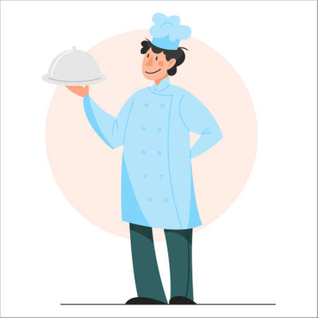 Restaurant chef cooking. Person in apron making tasty dish. Professional worker on the kitchen. Isolated vector illustration in cartoon styleのイラスト素材
