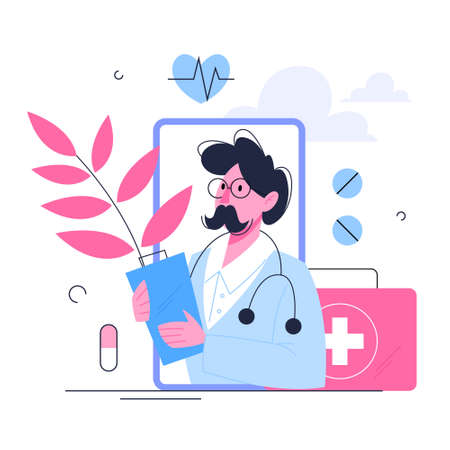 Healthcare concept, idea of doctor caring about patient health. Medical treatment and recovery. Vector illustration in cartoon styleのイラスト素材