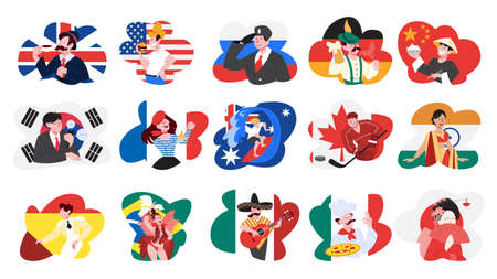 Set of vector illustration of people from different countries in national clothes. Representation of nationality and culture. Vector illustration in flat styleのイラスト素材