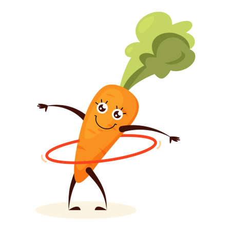 Sport carrot training with hula-hoop. Vegetable with face, happy character. Funny carrot. Isolated flat vector illustrationのイラスト素材
