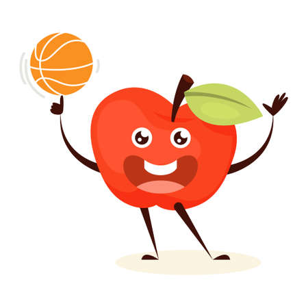 Sport apple training with basketball ball. Vegetable with face, happy character. Funny apple. Isolated flat vector illustrationのイラスト素材