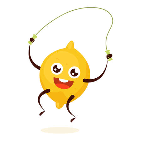 Sport lemon training with jump rope. Vegetable with face, happy character. Funny lemon. Isolated flat vector illustrationのイラスト素材