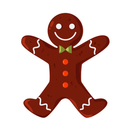 Vector holiday icon happy gingerbread man with a bowtie. Fun xmas party element, festive symbol. Isolated vector illustrationのイラスト素材