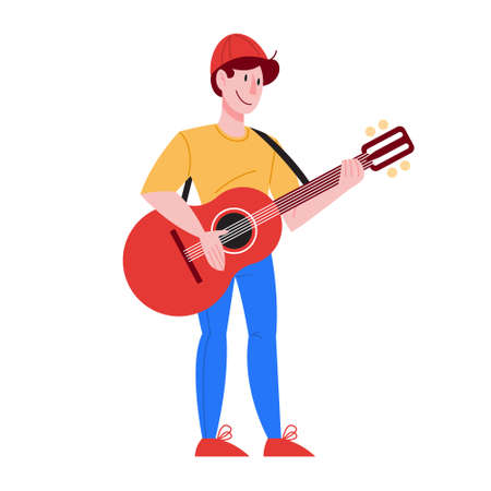 Vector illustration of guitarist playing music. Man holding an acoustic guitar. Performer standing with guitar. Concept of modern musical professionのイラスト素材