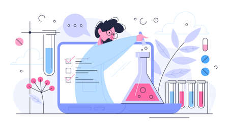 Medical research concept. Scientist making clinical test and analysis. New medicine development. Isolated vector illustration in flat styleのイラスト素材