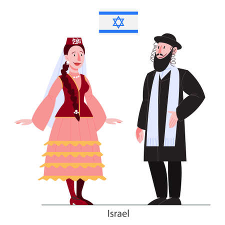 Vector illustration of Israel citizen in national costume with a flag. Jew man and woman in traditional clothes. Hassid and female wearing ethnic dress. Vector flat illustration.のイラスト素材