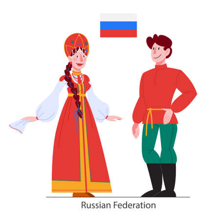 Vector illustration of a couple Russians wearing traditional folk dress. Russian men and women in traditional ethnic costumes and headdresses. Woman wearing a sarafan and holding a scarfのイラスト素材