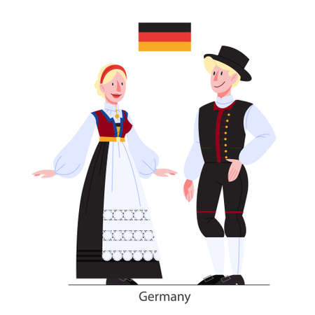 Vector illustration of German citizen in national costume with a flag. Man and woman in traditional clothes. Male and female wearing ethnic dress. Vector flat illustration.のイラスト素材
