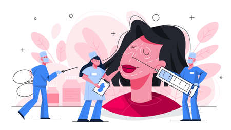 Plastic surgery concept. Idea of body and face correction. Rhinoplasty In hospital and anti-aging procedure. illustration in cartoon styleのイラスト素材
