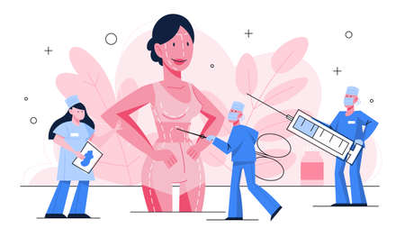 Plastic surgery concept. Idea of body and face correction. Rhinoplasty in hospital and anti-aging procedure. illustration in cartoon styleのイラスト素材