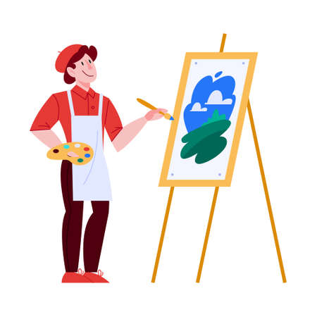 Artist concept illustration. Idea of creative people. Male artist standing in front of big easel, holding a brush and paints.のイラスト素材