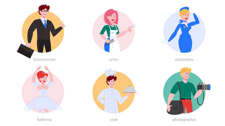 Profession set. Collection of occupation, male and female worker in the uniform. Businessman, photographer, ballerina, chief, hair stylist, stewardess. Isolated vector illustration in cartoon styleのイラスト素材