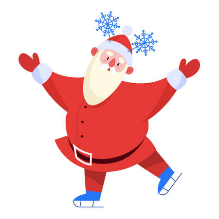 Santa Claus ice skating in traditional red clothes and hat. Cute holiday season cartoon illustration. Santa doing sport and winter activities. Christmas and New Year celebration.のイラスト素材