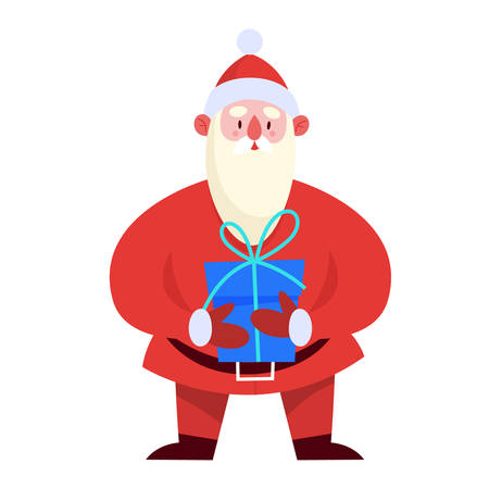 Santa Claus standing with a blue box for present in his hands. Cute holiday season cartoon illustration. Christmas and New Year celebration.のイラスト素材