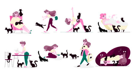 Set of isolated vector illustration of cat lover doing her daily routine being surrounded by pets. Funny female character with her cats, cat owner life.のイラスト素材