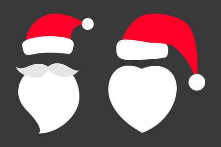 Set of vector illustration of Santa Claus red and white hats, moustache and beard. Holiday set of Christmas character symbol for festive decorationのイラスト素材