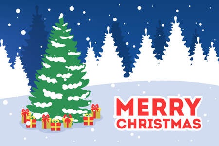 Christmas green tree or fir in winter forest with gift boxes around. Cute merry xmas postcard decoration. Winter holiday celebration. Isolated flat illustrationのイラスト素材