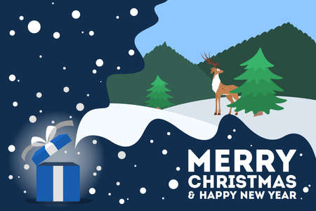 Cute merry xmas postcard decoration. Greeting card for Christmas decoration. Beautiful winter landscape with a reindeer and gift box. Vector illustration in cartoon styleのイラスト素材