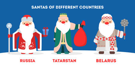 Set of cute funny Santa Claus wearing national costumes. Santa Claus in different countries all over the world. Kinds of traditional winter character. Flat vector illustrationのイラスト素材