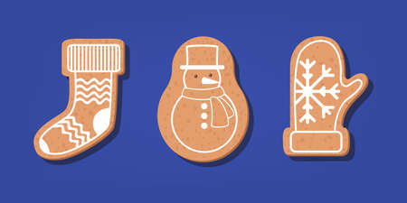 Set of traditional sweet baked christmas cookie. Gingerbread for celebration table. Delicious dessert. Isolated flat illustrationのイラスト素材