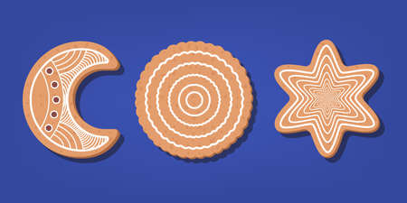 Set of traditional sweet baked christmas cookie. Gingerbread for celebration table. Delicious dessert. Isolated flat illustrationのイラスト素材