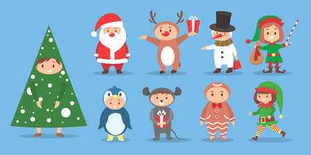 Vector illustration set of cute children wearing Christmas costumes. Christmas costume party for kid. Happy celebration. Santa Claus, snowman, elfのイラスト素材
