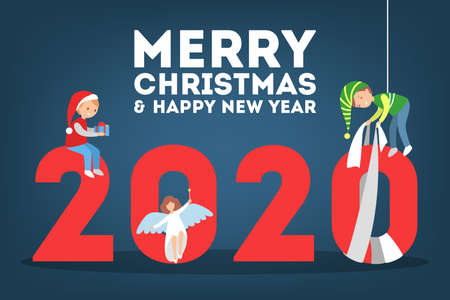 Cute merry xmas postcard decoration. Greeting card for Christmas decoration. Cute kids wearing festive hats and big 2020 sygn. Vector illustration in cartoon styleのイラスト素材