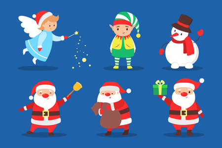 Cute christmas character celebrating a holiday set. Santa Claus and snowman, elf and fairy. Xmas celebration. Flat illustrationのイラスト素材