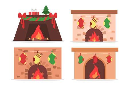 Set of vector illustration of home fireplace with festive traditional decoration. Christmas classic house decor with sock and red bow.のイラスト素材