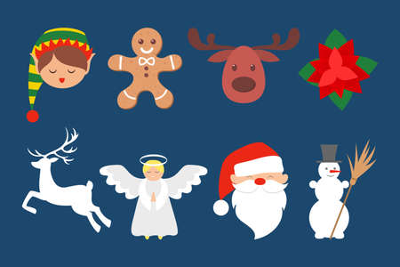 Cute christmas icon set. Collection of new year decoration stuff. Merry xmas concept. Santa Claus, reindeer, angel, elf, snowman. Vector flat illustrationのイラスト素材