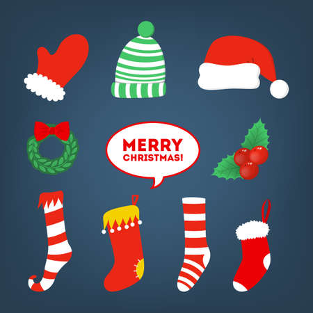 Set of vector illustration of christmas and new year stickers. Colorful isolated elements of christmas decoration and text banners for party and online chatting. Doodle icon in cartoon styleのイラスト素材
