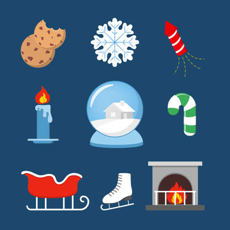 Cute christmas icon set. Collection of new year decoration stuff with candy and tree, gift and candy. Merry xmas concept. Santa Claus in red clothes. Vector flat illustrationのイラスト素材