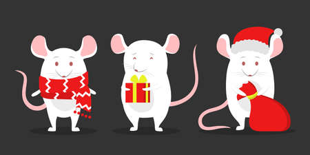 Cute christmas rat set. Animal character holding festive stuff. 2020 year of the rat. Isolated vector illustration in flat styleのイラスト素材