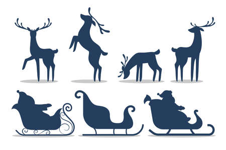 Cute Santa sleigh and reindeer silhouette set. Christmas character with gift riding sleigh. Winter holiday celebration. Christmas card background. Vector illustrationのイラスト素材