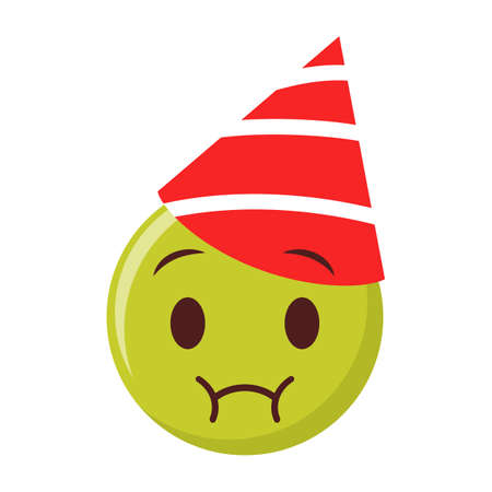 Vector illustration of funny emoji. Emotional face with party hat feeling sick and ready to puke. Isolated emoticon for online chatのイラスト素材