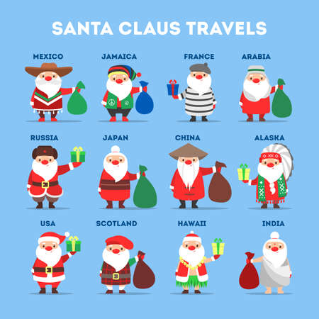 Set of cute funny Santa Claus wearing national costumes. Santa Claus in different countries all over the world. Kinds of traditional winter character. Flat vector illustrationのイラスト素材